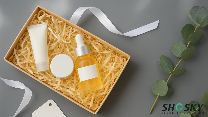 Eco-friendly tamper-evident beauty packaging on gray surface with SHOSKY branding