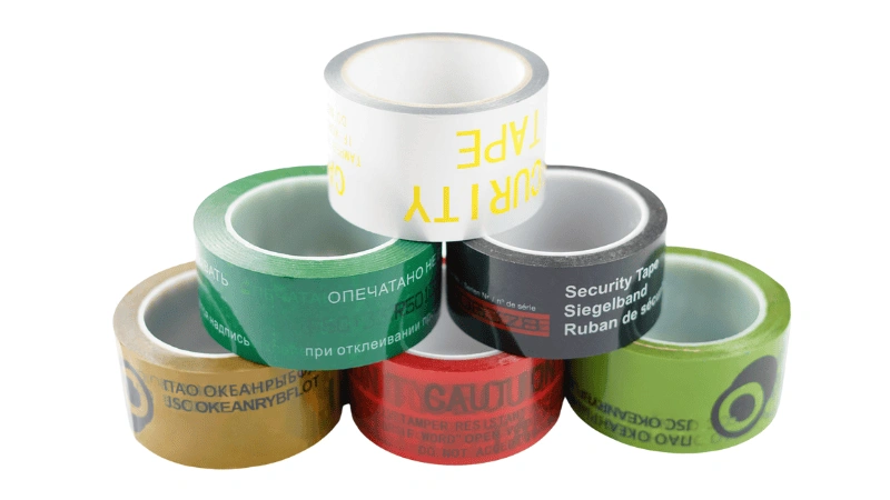 Stack of colorful tamper-evident tapes with clear anti-tampering warnings