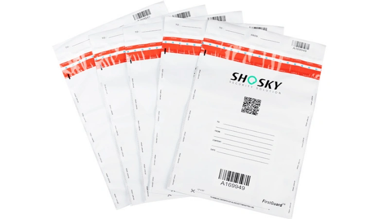 Multiple Shosky security bags stacked, showing branding and security features